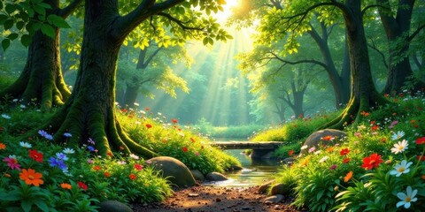 Sunlit Forest Path with Blooming Flowers and Gentle Stream