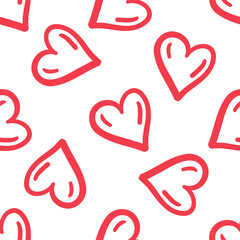 Seamless pattern with red hand-drawn hearts on white background in doodle style
