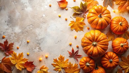 Autumn Background: Bright Orange Pumpkins & Fall Leaves on Light Surface