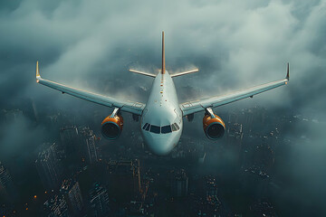 Obraz premium Airplane descending city cloudscape approach