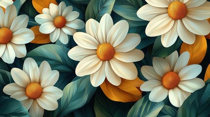 Obraz premium Vibrant floral pattern with daisies and leaves.