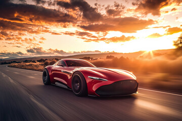 Obraz premium sunset, car driving in motion, car on high speed . rushing along a high-speed highway. banner