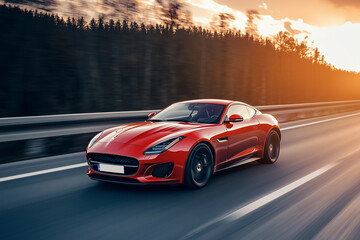 Naklejka premium sunset, car driving in motion, car on high speed . rushing along a high-speed highway. banner