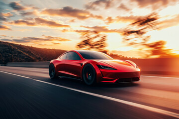 sunset, car driving in motion, car on high speed . rushing along a high-speed highway. banner