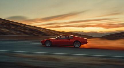 Fototapeta premium sunset, car driving in motion, car on high speed . rushing along a high-speed highway. banner