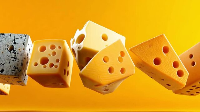 A vibrant display of various cheeses against a bright yellow background.