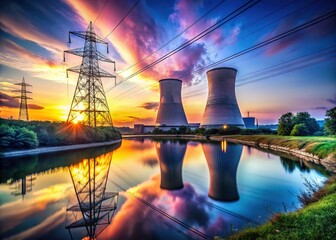 Dusk Glow: Nuclear Power Plant by River - High Voltage Towers, Energy Production