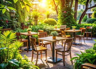 Fototapeta premium Empty Cafe Garden: Outdoor Dining, Wooden Tables, Lush Greenery, Elegant Setting