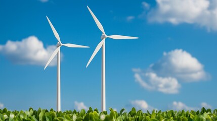 Two wind turbines stand tall above green crops under a bright blue sky, symbolizing renewable energy and sustainable agriculture.