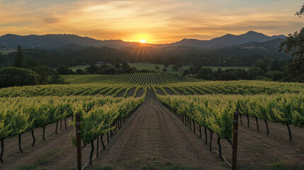 Fototapeta premium Sunset vineyard landscape photography napa valley nature scene serene environment panoramic view tranquility concept