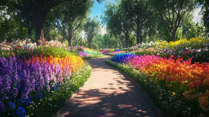 Obraz premium Vibrant flower pathway botanical garden scenic view nature spring colorful environment relaxing perspective