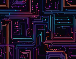 Neon Circuit Board Abstract Background: Vibrant Pink, Blue, and Orange Lines, Nodes, and Connections. Seamless Pattern for Technology Designs.
