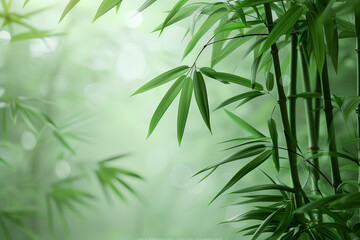 Obraz premium Fresh green bamboo stalks with sunlight filtering through, tranquil natural forest scenery.