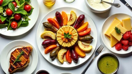 Aromatic Grilled Protein with a Side of Fresh Salad and a Colorful Fruit and Cheese Platter