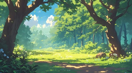 Woodland forest in an anime cartoon style, featuring a peaceful background of trees and foliage, perfect for a serene atmosphere.