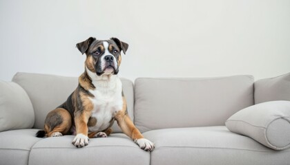 Tri-colored Dog Serenely Posing on a Light Gray Sofa: A Calm, Domestic Scene
