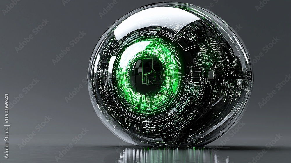 Poster futuristic transparent sphere with glowing green circuit board inside.