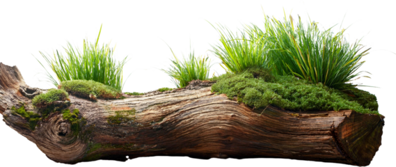 Lush green grass and moss growing on a weathered log isolated transparent background