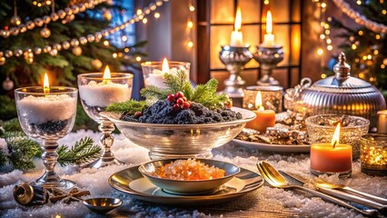 Fototapeta premium Luxurious New Year's Eve Caviar Feast: Sparkling Winter Table Setting