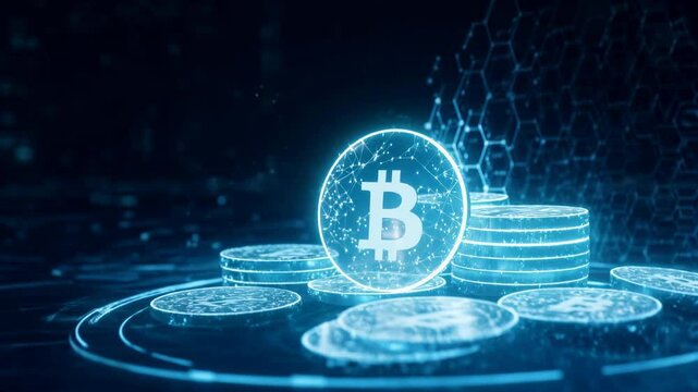 Abstract bitcoin technology a cryptocurrency concept with glowing coins and blockchain technology visuals blurred background.
