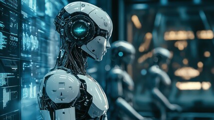 Fototapeta premium Illustrative concept of a high-tech lab advancing robotic sciences through AI.