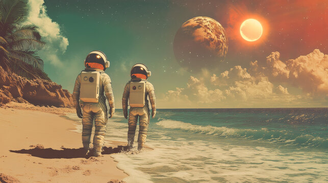 Exploratory spacewalk adventure on an alien beach sci-fi fantasy tropical environment cosmic viewpoint