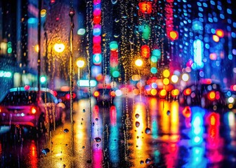 Naklejka premium Neon Rain Night Cityscape - Glass Window Reflections, Atmospheric Rain Photography