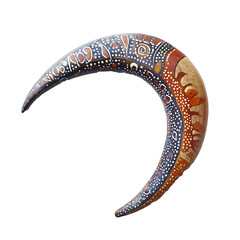 A boomerang with traditional Aboriginal pattern isolated on white background as transparent.PNG