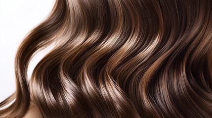 Fototapeta premium Beautiful model girl with Brown hair strand,silky healthy chestnut wavy hair strand,hair wavy ribbon, with smooth,Keratin straightening,Treatment,straight long hair,procedures,Smooth hairstyle.