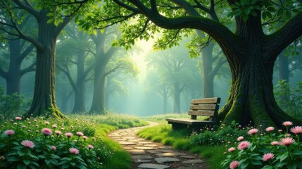 Serene Woodland Path with a Rustic Wooden Bench, Bathed in Soft Morning Light and Surrounded by Blooming Flowers