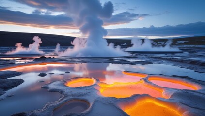 Geothermal landscape with steaming vents and fiery pools at sunset reflecting the clouds