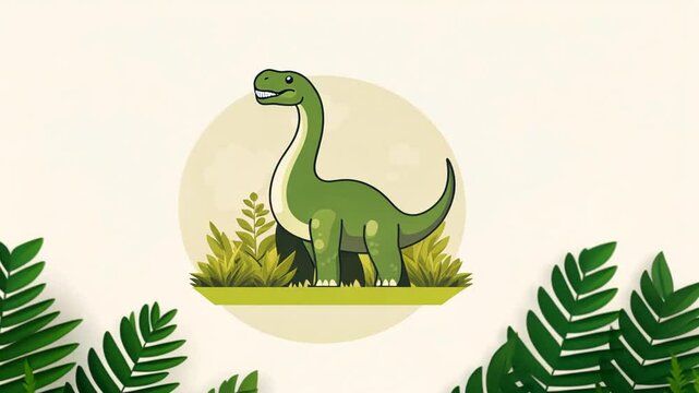 Cute cartoon dinosaur in grassy landscape.
