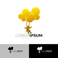 Kids logo and cloud design vector, icon of a small child playing on a swing