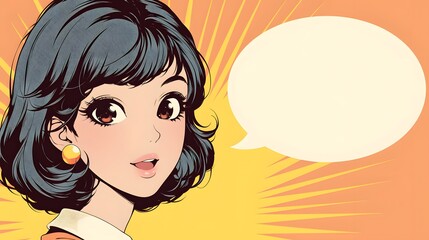 woman with a surprised smile, speech bubble included in a pop art cartoon style, capturing retro anime charm