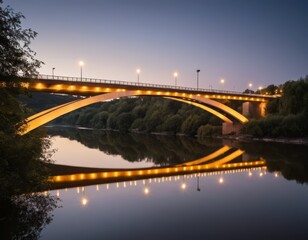 Naklejka premium Serene Night Scene: Illuminated Bridge Reflecting in Calm River Water