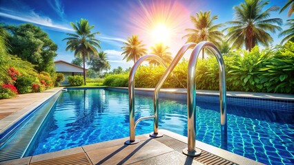 Fototapeta premium Sunlit Poolside Stainless Steel Ladder - Luxury Resort Swimming Pool Scene