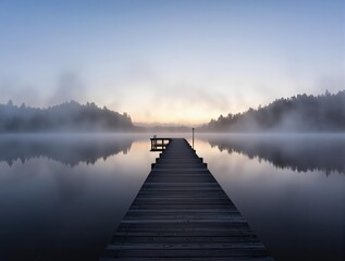 Serene Sunrise Fog Over Misty Lake with Wooden Dock