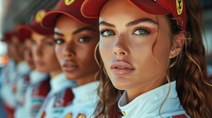 A group of beautiful fit female models as a pit stop crew.