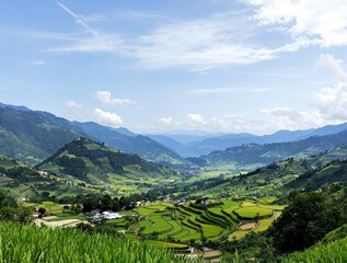 Stunning Aerial View of Lush Green Rice Terraces and Mountain Village