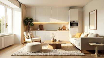 Fototapeta premium Modern minimalist living room design with light neutral tones and wooden accents, featuring an open-plan kitchen and cozy seating area perfect for relaxation.