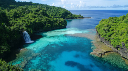 Fototapeta premium Exploring tropical paradise aerial view of stunning waterfall and turquoise lagoon in nature's bounty