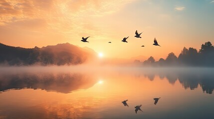 Obraz premium Serene Sunrise Over Calm Lake with Birds in Flight, Reflecting Mountains and Vibrant Sky Colors in Early Morning Light