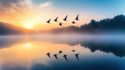 Obraz premium Serene Sunrise Over Tranquil Lake with Majestic Birds in Flight Creating Beautiful Reflections on Calm Water Surface in Peaceful Natural Environment