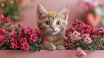 Adorable Ginger Kitten Surrounded by Colorful Spring Flowers
