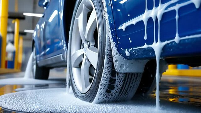 Close-up of a car tire being washed at a car wash, showcasing bubbles and foam.