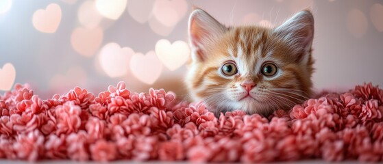 Naklejka premium Adorable Ginger Kitten Relaxing on Soft Pink Floral Background