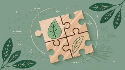 Fototapeta premium Sustainable Puzzle Piece Concept Featuring Leaves and Eco Symbols - Wooden Design Representing Green Initiatives, Environmental Protection, and Sustainability Goals
