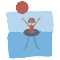 Tanned girl with bob cut swims in the sea with an inflatable ring and plays with a ball. Square scene. Vector illustration for advertising, poster, postcard or brochure about your tourist complex