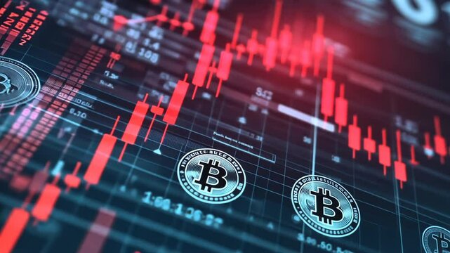 Cryptocurrency market crash; digital coins and red candlestick charts on screen.