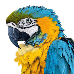 A close up photo of the blue and yellow macaw isolated on white background as transparent.PNG